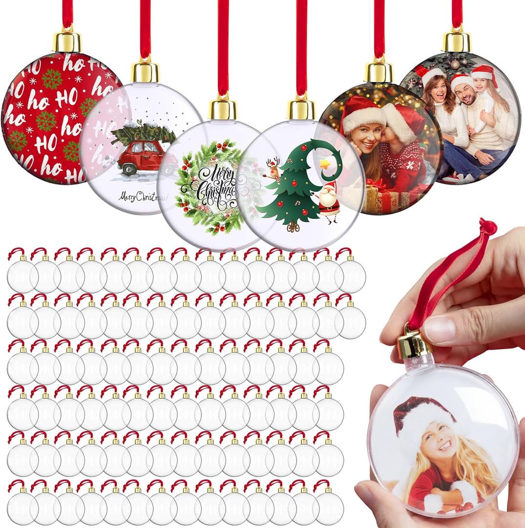 Yulejo 90 Pcs Christmas Photo Ornament Ball Clear Picture Holder Plastic Hanging Christmas Photo Frame Ornaments DIY Personalized Family Picture Baubles for Xmas Tree Decoration