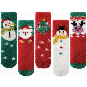 Tavaleu Fuzzy Socks for Women, Cozy Socks Women Warm Fluffy Winter Slipper Christmas Sock for Womens Home Sleeping Sock (5 Pack Xmas a)