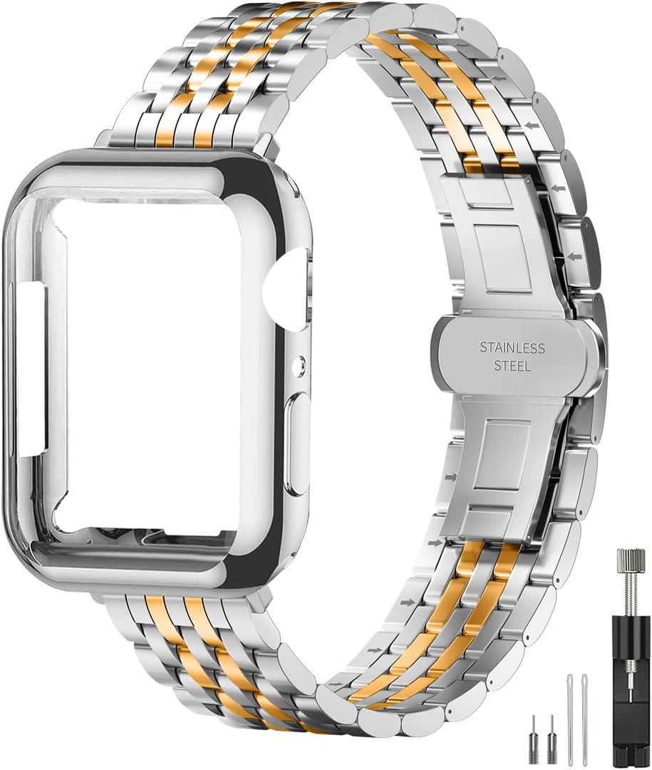QUNDAXI Slim Metal Band with Apple Watch Band 40mm 41mm 38mm 45mm 44mm 42mm, Dressy Stainless Steel Chain Strap for Women Man iWatch Bands Series 9 8 7 6 5 4 3 2 1 SE SE2