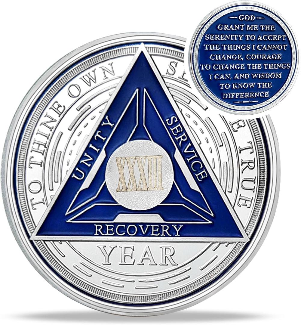 Recovery Triangle 33 Year Sobriety Coin - Silver Roman Numeral NA AA Coins - 1-40 Prime NA/HA/AA Chips and Medallions - Narcotics Alcoholics Anonymous Sober Gifts for Men Women