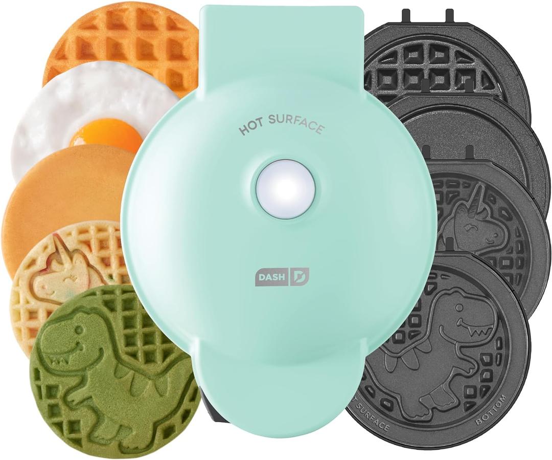 DASH Multimaker Mini System - Waffle Maker with Six 4 Removable Plates: Waffle Iron & Griddle, 4-in-1 Mini Waffle Maker for Kids and Families  Nonstick Surface, Just Add Batter (Aqua)