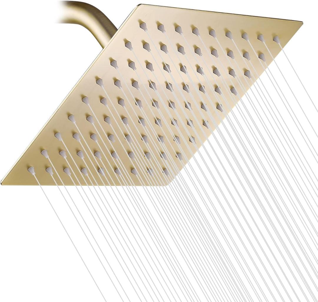 GGStudy Square 6 Inch Stainless Steel Shower Head High Pressure Rainall Shower Head Brushed Gold Ultra Thin Design-Best Pressure Boosting