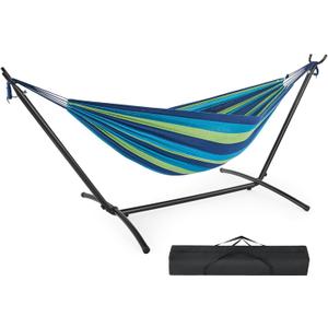 DUMOS Double Hammock with Space Saving Stand, Heavy Duty Steel Frame, Portable for Outside & Indoor Use, 450lbs Capacity, Easy Assembly, Carrying Bag Included, Blue (96IN)