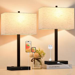 21" Set of 2 Table lamp with USB A+C & AC Outlets, Touch Control 3-Way Dimmable Nightstand Lamps for Bedroom Living Room Office Reading, Linen Shade Touch Lamps, 3000K LED Bulbs Included