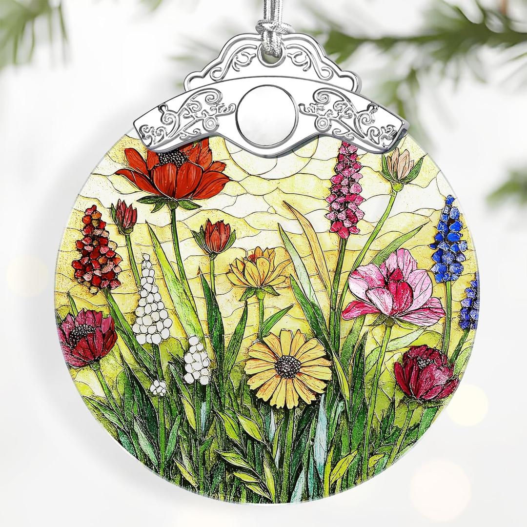 4 x Wildflower Ornament Christmas Decoration & Christmas Ornament; Stained Glass Holiday Decoration (Holiday Present, Bauble Present, Gift Idea, Gift Exchange) | Heirloom Keepsakes