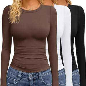 GAYHAY 2 Pack Long Sleeve Shirts for Women Basic Tops Crew Neck Fitted Tight Workout Tees Y2K Clothes Going Out Fashion 2025 (Black,Brown, Small)