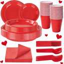 WELLIFE 210 PCS Red Plastic Plates for 30 Guests - Disposable Dinnerware Set Including Dinner Plates, Dessert Plates, 12oz Cups, Cutlery & Napkins, Red Disposable Plates for Valentines