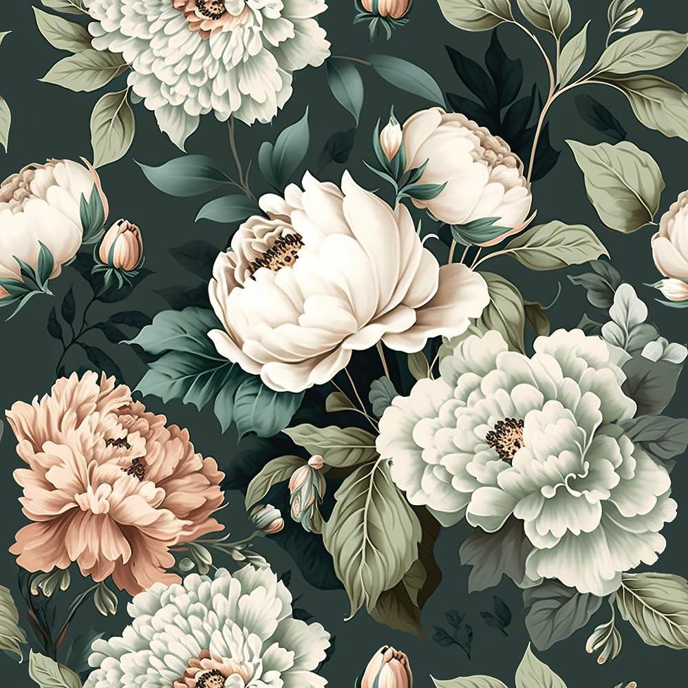 Dark Green White Peonies Vintage Floral Peel and Stick Wallpaper Wall Decor Self Adhesive Wall Paper Stick on Easy Peel Off Contact for Renter Apartment (17.7" x 118")