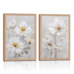 3 Pack Modern Framed White Daisy Floral Wall Art – Natural Beige Watercolor Wildflower Canvas Paintings – Elegant and Soft Floral Botanical Wall Decor for the Living Room