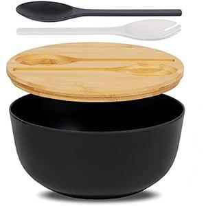 ECOHAGOU 10" Large Salad Serving Bowl with Utensils in Lid, Bamboo Fiber Salad Bowl with Lid, Mixing Bowl with Servers set for Pasta,Fruit,Veggies,Popcorn to Replace Wooden Bowls - Matte Black