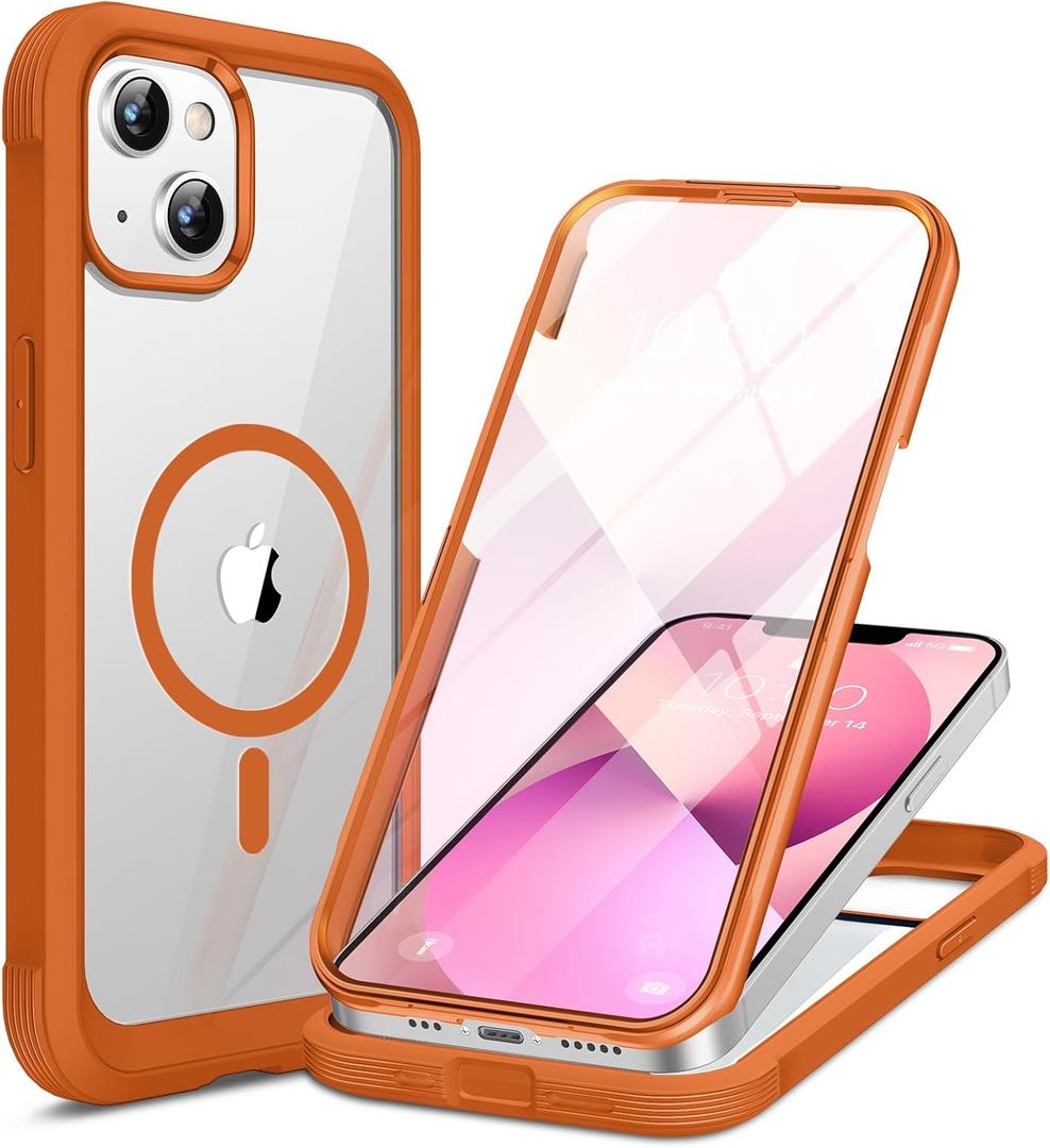 Miracase Compatible with iPhone 13 case 6.1 inch, 2021 Upgrade Full-Body Glass Clear Case Bumper Case with Built-in 9H Tempered Glass Screen Protector for iPhone 13,Orange
