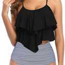 Womens Tankini Swimsuits Ruffled Tank Top Tummy Control Floral Modest Swimwear High Waisted Bikini, Black with Stars, M