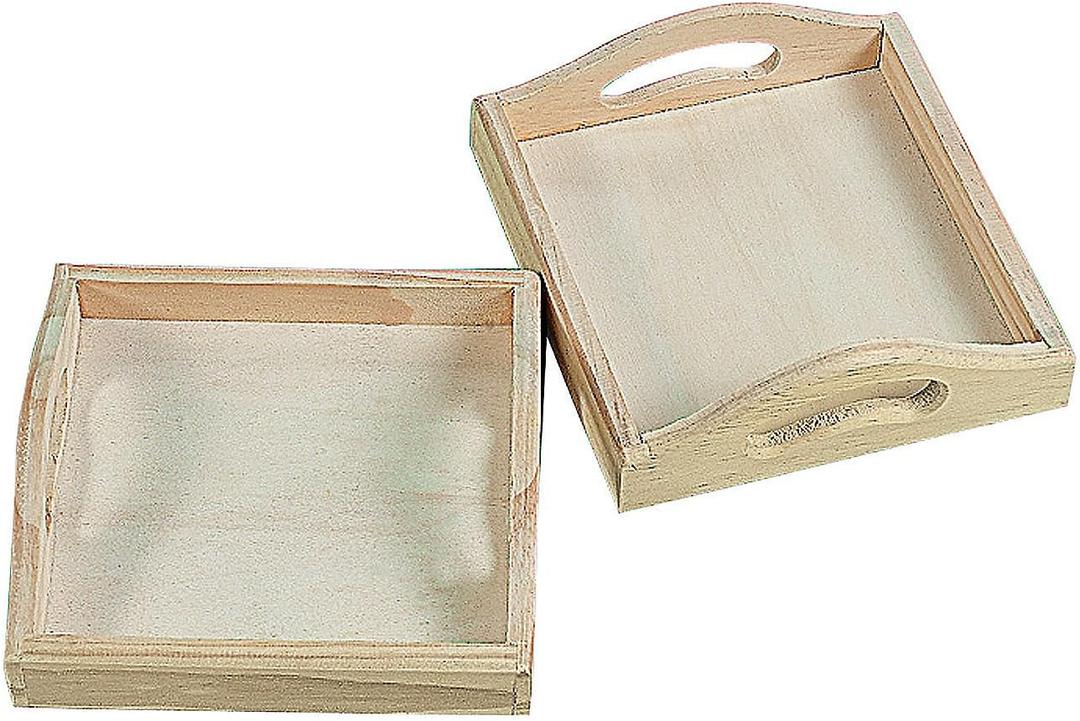 Fun Express Wooden Tray Set of 12 - Small Wood Trays for Crafts, DIY Projects & Painting | Unfinished Natural Wood Craft Supplies for Kids & Adults | Mini Square Wooden Trays for Home Decor