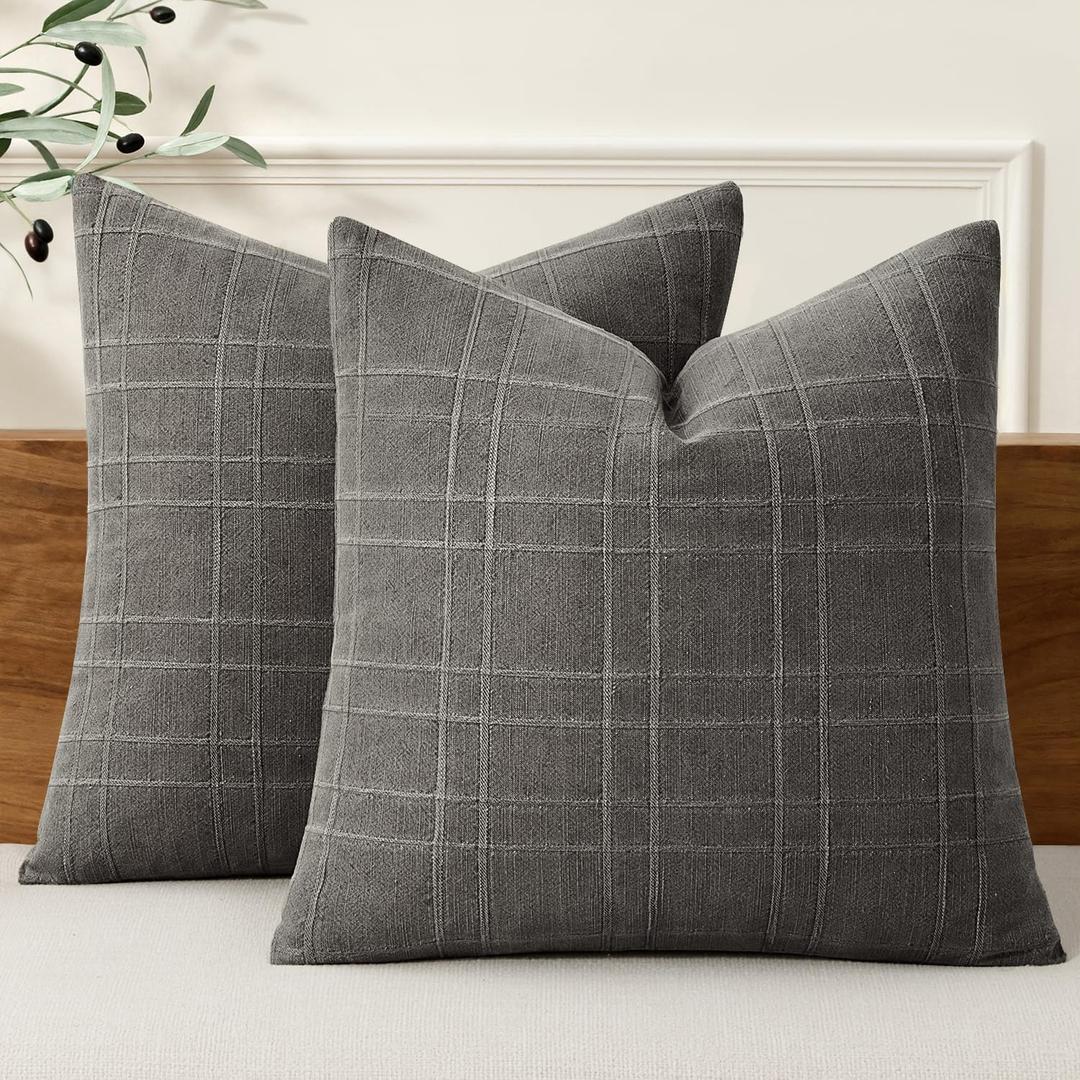 MIULEE Decorative Linen Check Lumar Throw Pillow Covers Neutral Farmhouse Vintage Pillow Covers 24x24 Inch Set of 2 Boho Modern Home Decor for Sofa Couch Bedroom Cushion Chair Charcoal Gray