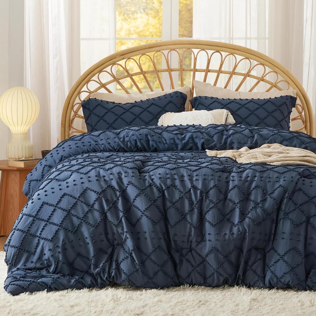 Bedsure Twin Comforter Set - Navy Blue Comforter, Boho Tufted Shabby Chic Bedding for Kids, 2 Pieces Vintage Farmhouse Bed Set for All Seasons, Fluffy Soft Bedding with 1 Pillow Sham