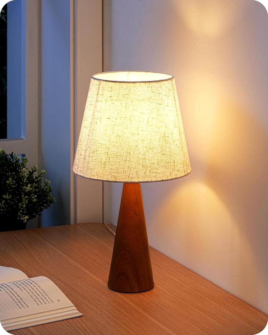 EDISHINE 13.58" Small Table Lamp, Wooden Bedside Lamp with Beige Linen Lampshade, Space-Saving Nightstand Lamp for Nursery Kids Room Bedroom Living Room, E26, ON-Off Button, Dark Rosewood Base