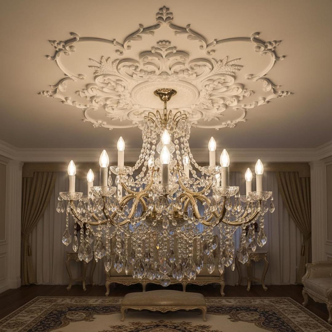 Nuanchu 43.3'' Large PU Ceiling Medallion Combination Decorative 2.36'' ID French Style Chandelier Base Ceiling Medallion for Light Fixtures Victorian Rosette Light Covers for Chandeliers(Lovely)