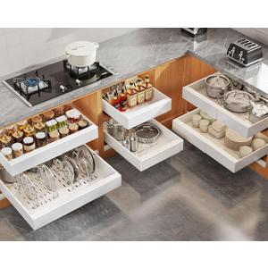 Seinloes 6Pack Expandable Pull Out Cabinet Organizer 21"Deep With Raising Pad for Framed Cabinets,Slide Out Drawers with 4pcs Divider Racks,Roll Out Shelves Adhesive,Adjustable Width 12.05"-20.4"White