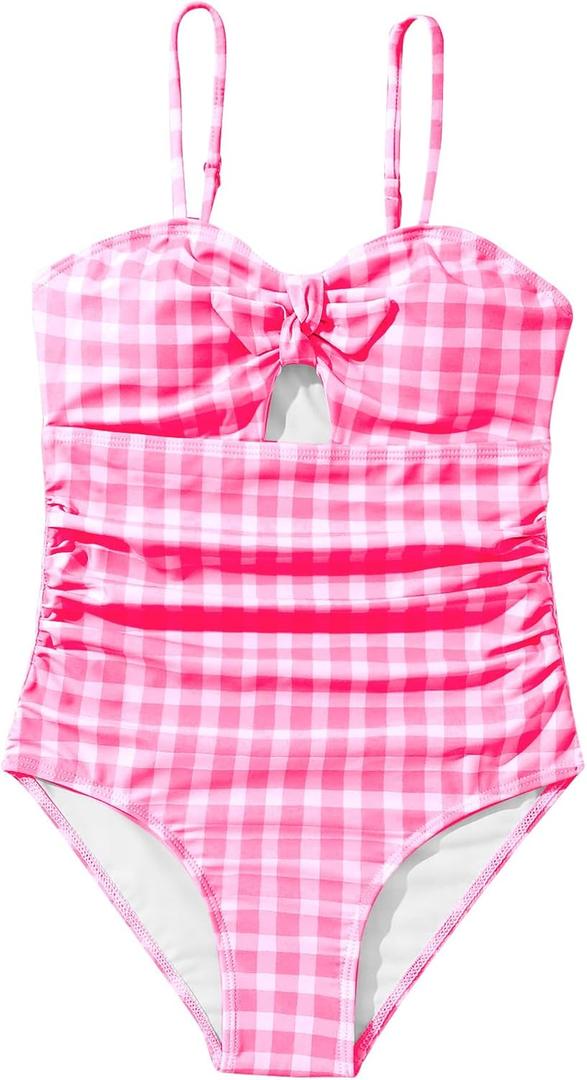 Floerns Girl's Gingham Print Ruched Cut Out Knot Front One Piece Swimsuit (Hot Pink, 10y)