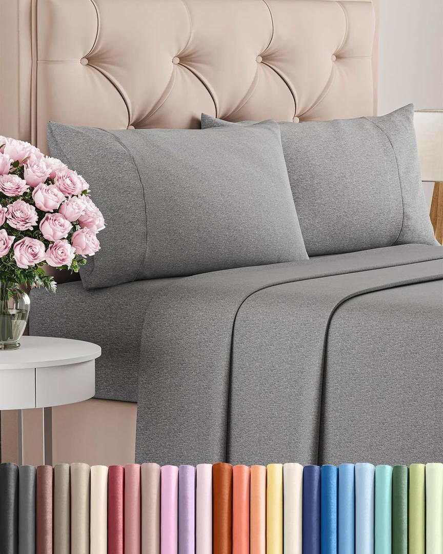 Queen Size 4 Piece Sheet Set - Comfy Breathable & Cooling Bed Sheets Set - Hotel Luxury Bedding for Women, Men, Kids, Teens, Boys & Girls - Deep Pockets, Soft & Wrinkle Free - Grey (Heathered Sheets)