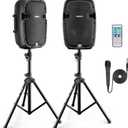 Pyle 10" Wireless Portable PA system - 1000W High Powered Bluetooth Compatible Active + Passive Pair Outdoor Sound Speakers w/ USB SD MP3 AUX - 35mm Mount, 2 Stands, Microphone, Remote - PPHP1049KT