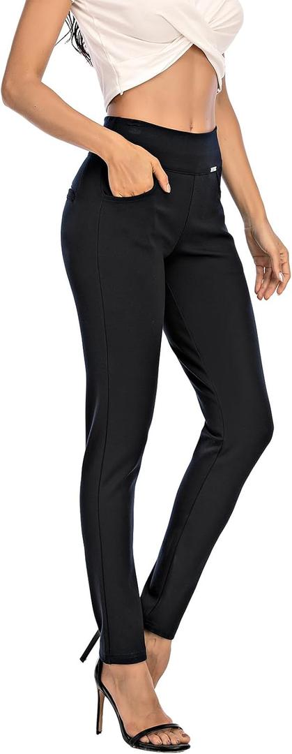 neezeelee Dress Pants for Women Comfort Stretch Slim Fit Leg Skinny High Waist Pull on Pants with Pockets for Work (Black, 8 Long)