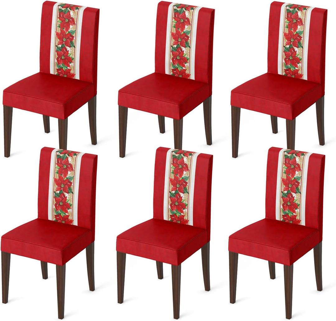 Horaldaily 6PCS Christmas Dining Chair Covers,Watercolor Red Poinsettia Stretch Removable Washable Slipcover Chair Protector for Dining Room Home Decor
