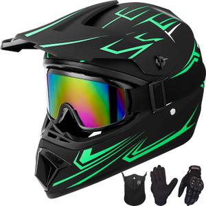 Yesmotor Youth Kids Motocross Helmet Motorcycle Dirt Bike Off-Road Mountain Bike BMX MX ATV Helmet with(Gloves Goggles Mask) 4Pcs Set - DOT Approved(Green,XL)