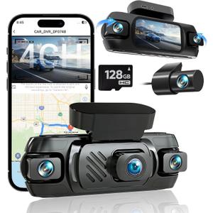 4K 3 Channel Dash Cam Front and Rear with Cabin, 4K+1080P+1080P Dash Camera for Cars, Free 128GB Card Included, Dash Cam with Night Vision, WiFi, GPS, APP Control, Parking Monitor, Loop Recording