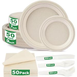 300 Pcs Compostable Dinnerware Set - Serves 50 Guests with Heavy Duty 9 & 7 Inch Plates, Napkins & Cutlery | Biodegradable Sugarcane Eco-Friendly Party Supplies for Birthday, Christmas, Holiday