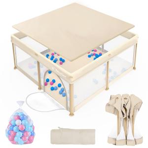 Foldable Baby Playpen for Babies and Toddlers, 50x50 Inch Portable Play Yard, Collapsible Play Pen with Mat, Visible Mesh, 50 Ocean Balls, Indoor/Outdoor Baby Fence Activity Center for Home
