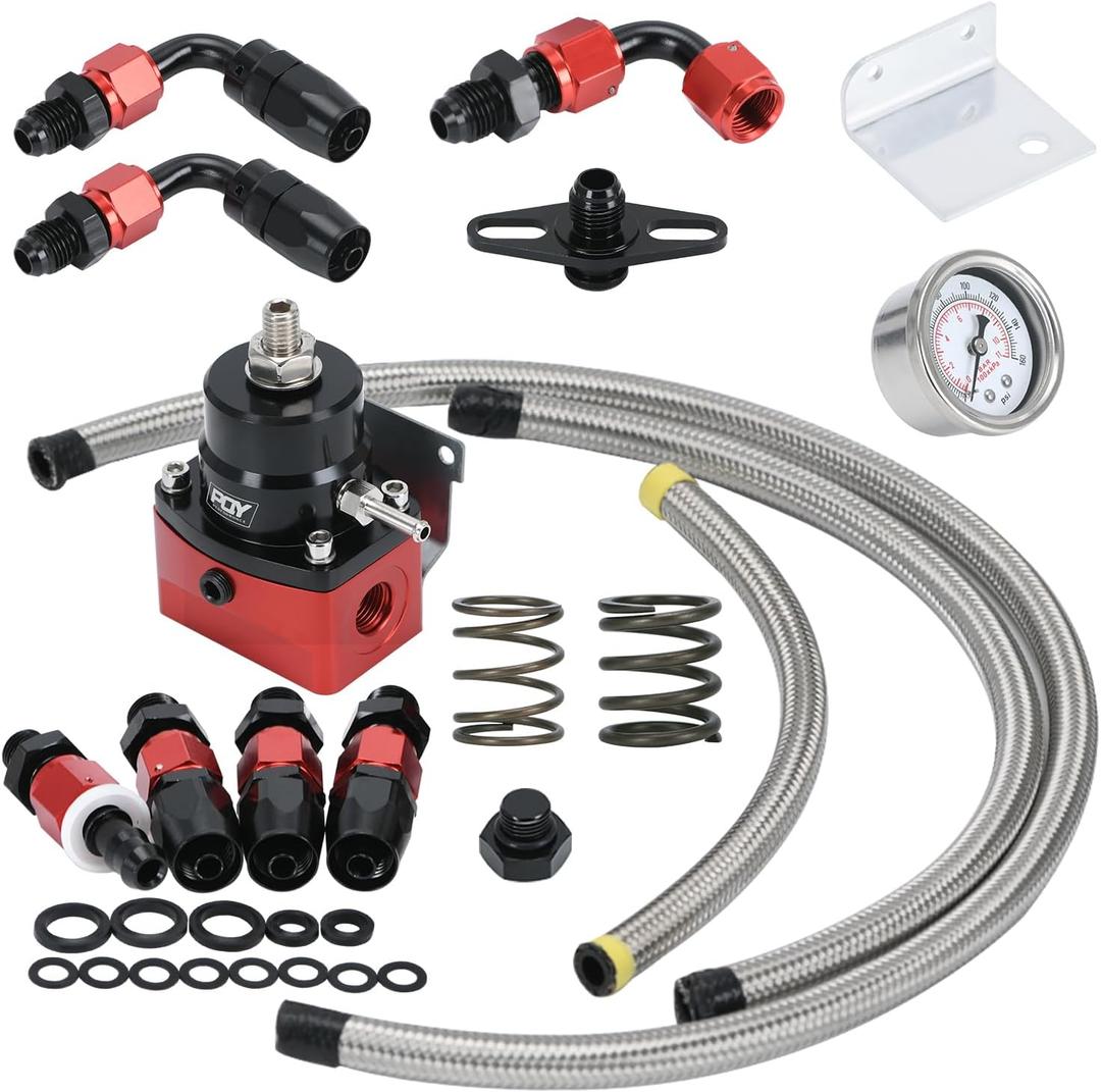 Adjustable Fuel Pressure Regulator Kit 3-70PSI With 6AN Return and 6AN feed Port with AN6-6AN Fuel Line Hoses Connectors (Black+Red)