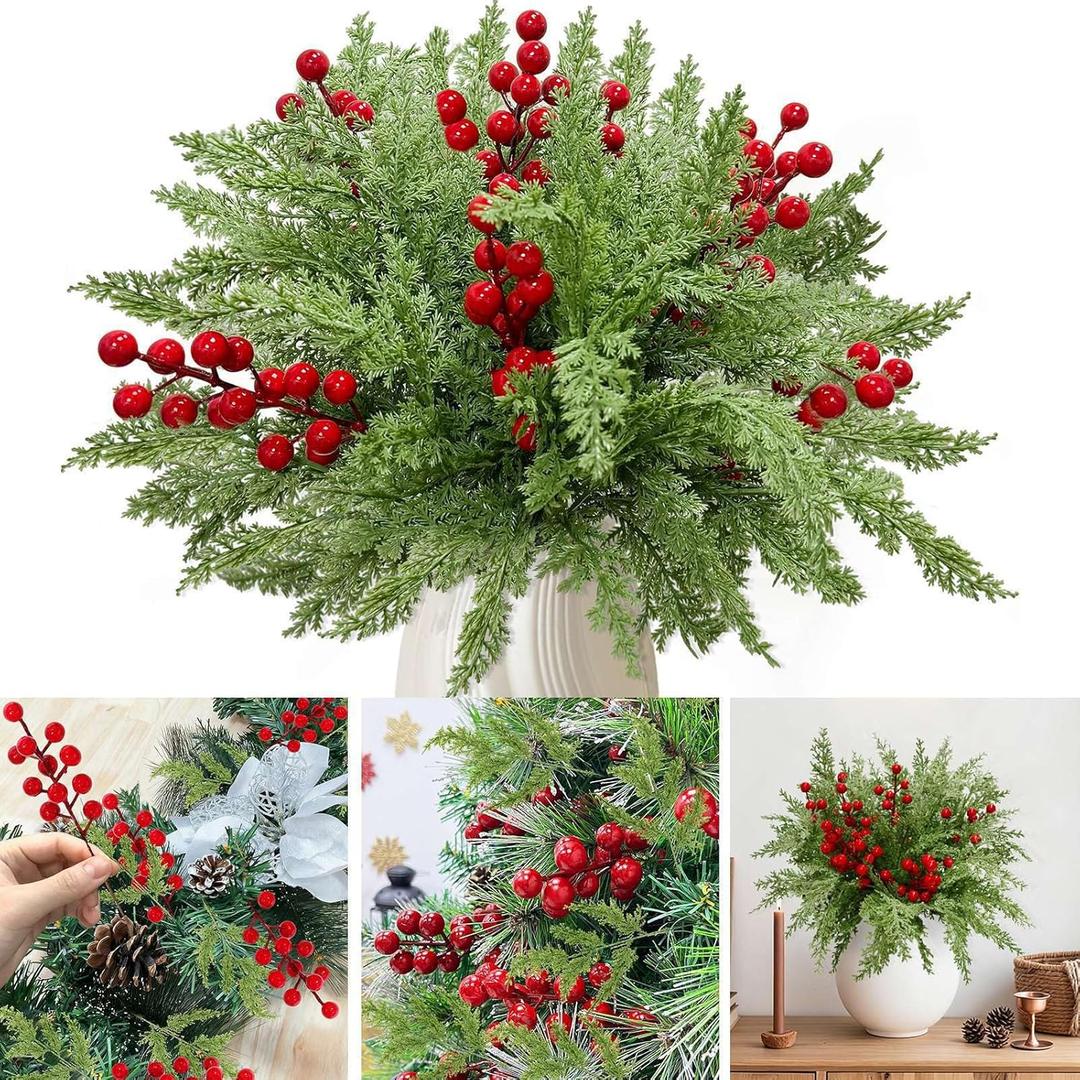 55 Pcs Artificial Christmas Flowers, 12" Faux Evergreen Cypress Pine Branches with Red Berry Stems, Greenery Fake Pine Needle Picks Flower for Xmas Vase Decor Winter Indoor Outdoor Holiday Decorations