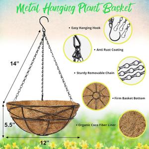 Sorbus 2 Pack Metal Hanging Planter Basket Huge 12 Inch Hanging Flower Pot Basket & Coco Coir Liner for Indoor/Outdoor Garden Dcor, Perfect for Home, Garden, Patio, Deck (Black)