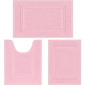 SHACOS Pink Bathroom Rugs Sets 3 Piece, 16"x24" + 20"x32" Non Slip Bath Mat and 20"x24" Toilet Rugs U Shaped Washable, Soft Fluffy Water Absorbent Bath Rugs for Bathroom