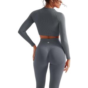 SUUKSESS Women 2 Piece Workout Sets Hidden Scrunch Hip Lifting Seamless Leggings Long Sleeve Yoga Crop Tops (Gray, M)