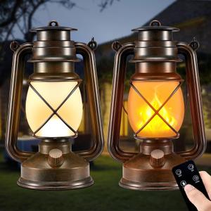 Battery-Powered 2 Modes Lighting LED Vintage Lanterns Decorative Outdoor & Indoor, 2 Pack Bronze Lights with Dancing Flame, Waterproof Remote Control Retro Lanterns Decor for Room,Garden,Porch