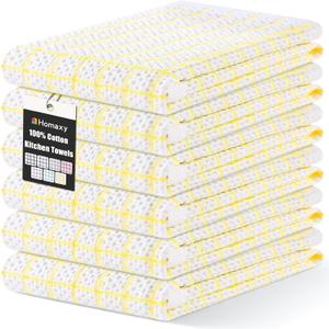 Homaxy 100% Cotton Kitchen Towels 6 Pack-15 X 25 Inches, Check Design Waffle Weave Hand Tea Towels, Super Soft and Absorbent Dish Towel for Drying Dishes, Yellow