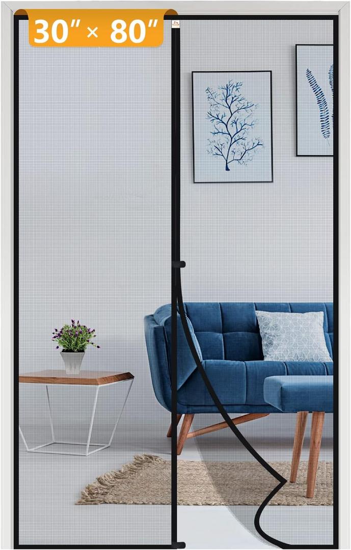 Yotache Fiberglass Magnetic Screen Door Fits Door Size 30 x 80, Screen Size 32" x 81" Double-Sewed, Close-Stitching, Top Anti-Tear, Heavy Duty with Full Frame Hook&Loop Strip Black