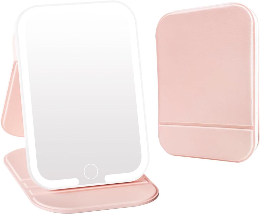 Rechargeable Travel Mirror with Light, LED Makeup Mirror with Lights, Portable Vanity Mirror with 3 Color Lighting, Touch Dimmable Lighted Cosmetic Mirror, Travel Essentials for Women (Pink)