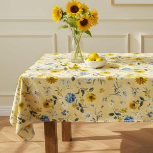 Spring Floral Tablecloth Waterproof Yellow Table Cover with Sunflowers, Hydrangeas & Daisies Waterproof Fabric Table Cloth for Dining Room, Kitchen, Party & Outdoor Decor, W52 x L70 in