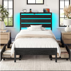 Rolanstar Twin Bed Frame with 4 Drawers, LED Lights and Charging Station, Metal Platform Bed with Storage Headboard, Noise Free, Easy Assembly, No Box Spring Needed, Black
