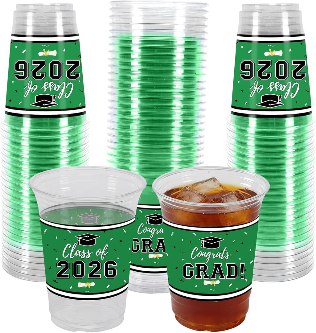 2 x Labrostar 50Pcs Graduation Decorations 2026 Disposable Graduation Cups Congrats Grad Class of 2026 Decorations Graduation Party Supplies 16oz Green