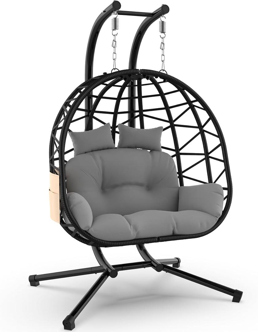 ZENPETIO Double Hanging Egg Chair with Stand, Rattan Wicker Swing with UV Resistant Cushion and Pillow, for Indoor Outdoor Bedroom Patio Hanging Basket Lovers Seat, Black