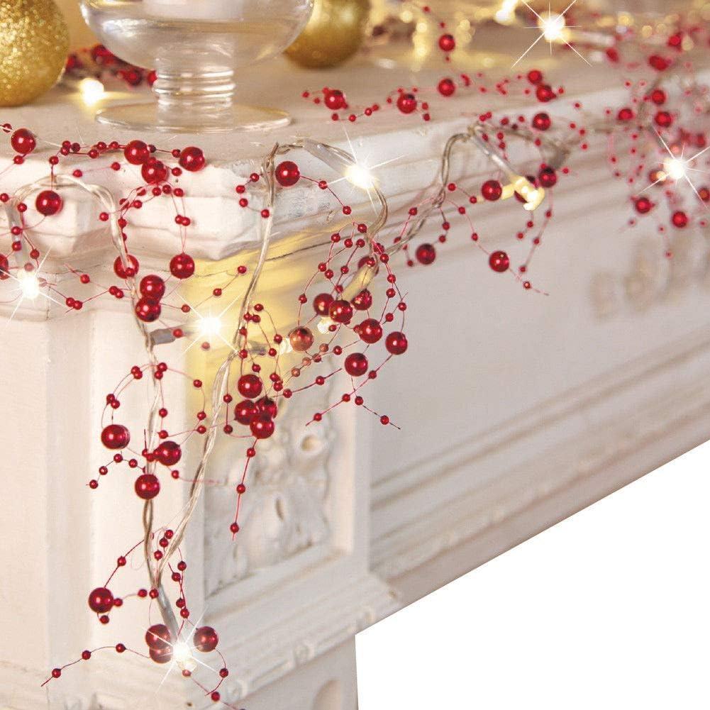 VERY100 Christmas Garland with Lights Festival Lighted Berry Beaded Garland Christmas Decorations for Indoor Home Mantel Fireplace Holiday Party Decor (Red, 16.6FT)