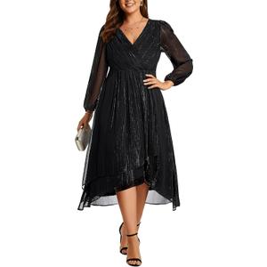 Talisea Plus Size Cocktail Dress - Formal Wedding Guest Fall Long Sleeve A Line Pleated V Neck Midi Dresses for Curvy Women (Black), 14W