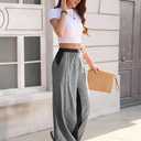 TARSE Womens Linen Wide Leg Pants Striped Drawstring Elastic Waist Loose Fit Summer Boho Casual Trendy Pants with Pockets (S)