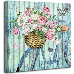 Anolyfi Bathroom Rustic Floral Print Wall Art Flowers Bicycle and Butterfly Canvas Painting, Vintage Scenery Aqua Picture Artwork Framed for Living Room Bedroom Kitchen Office Home Decor 20"x20"