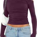 Darong Women's Casual Long Sleeve Boat Neck Off Shoulder Slim Fit Crop Top Going Out Blouses Y2K Tight Shirts (Dark Purple, S)