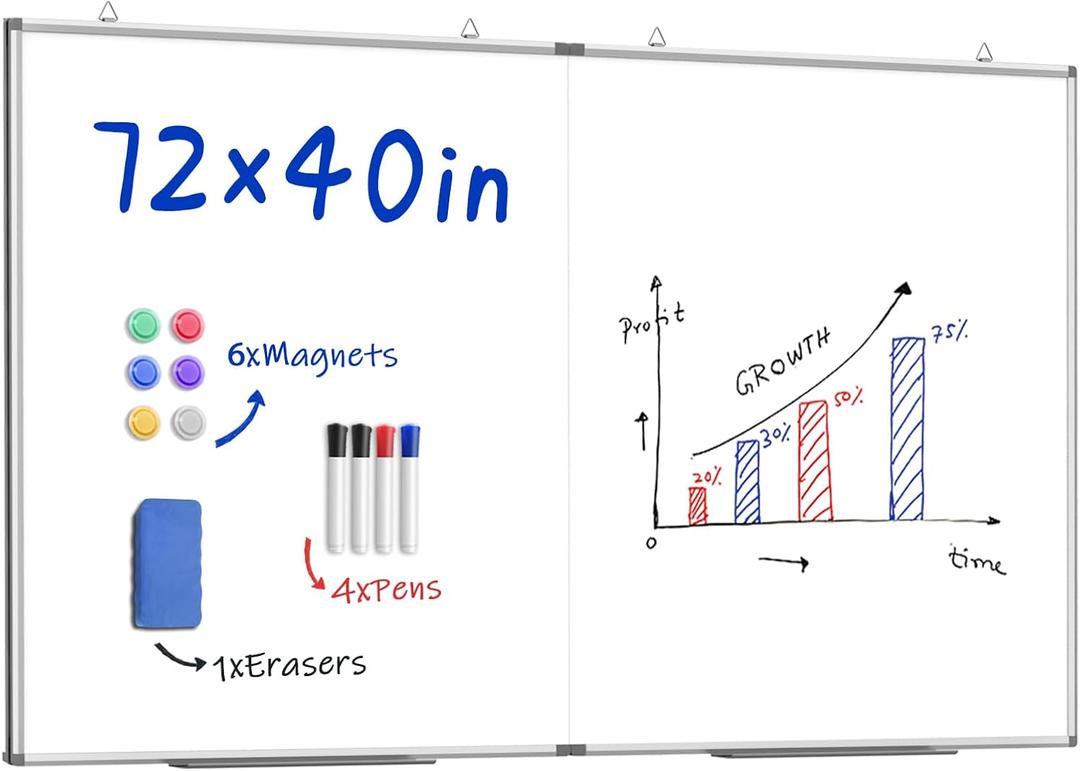 72"X 40" Large Magnetic Dry Erase Whiteboard, Removable Wall Hanging Board with 4 Pens & 1 Dry Erasers & 6 Magnets, Sliver Aluminum Frame White